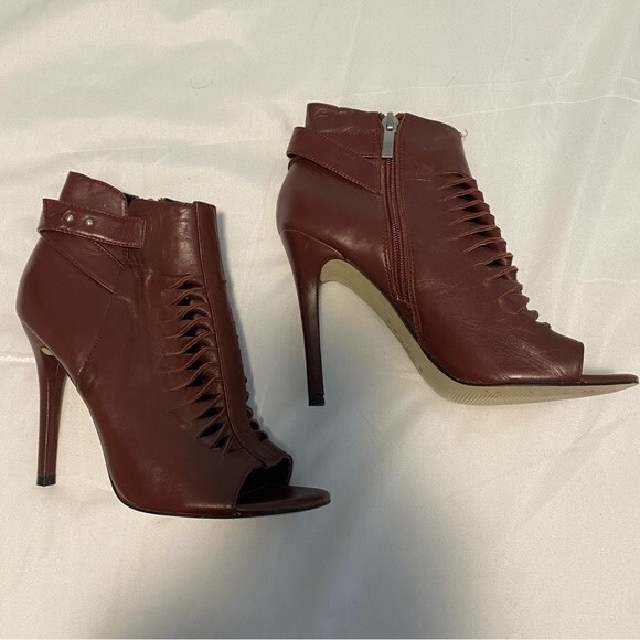 Trouve Peep Toe Leather Boot Chocolate Brown Stiletto Heel Cut Out Design Size 7 - Picture 4 of 15